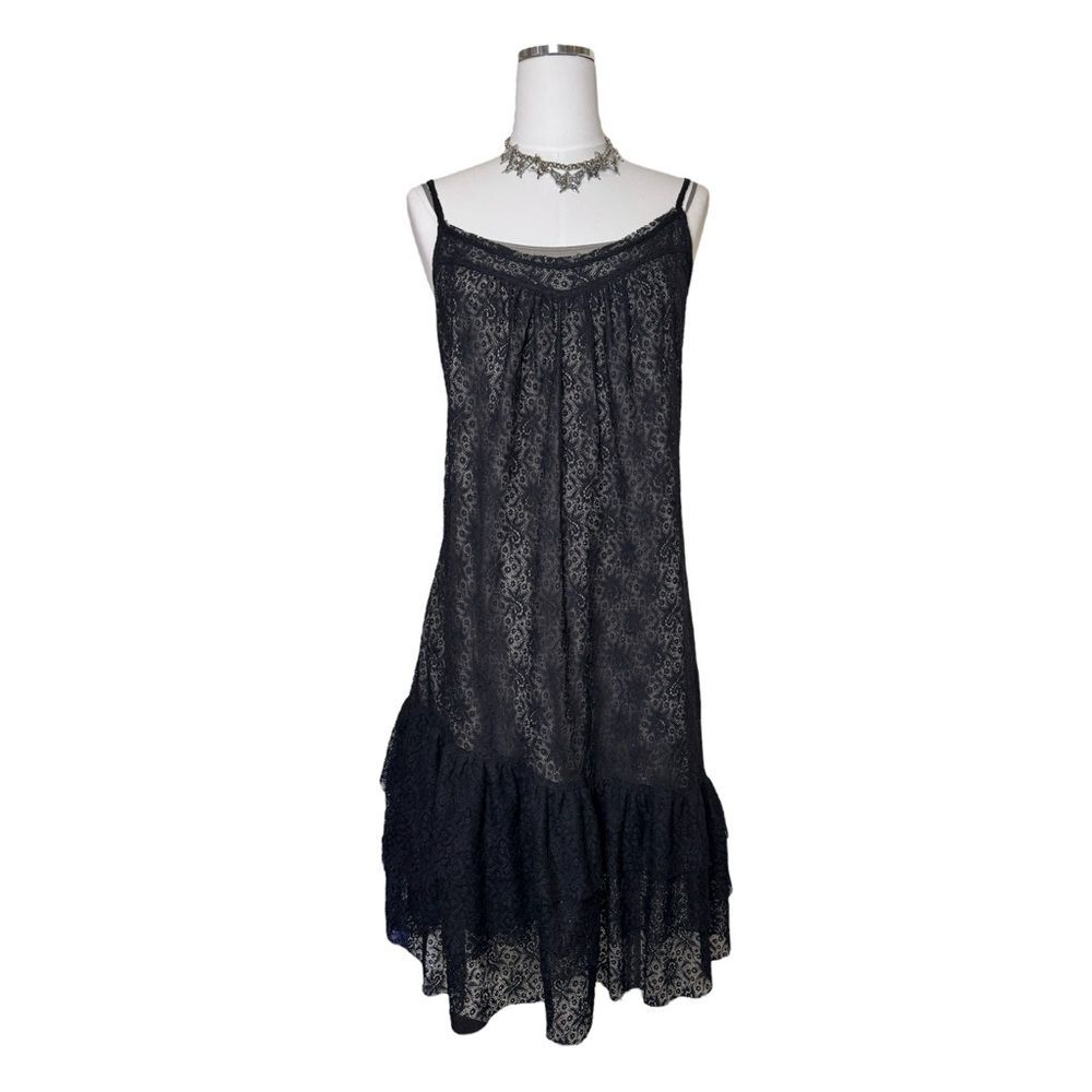 Y2K DKNY Sheer Black Lace Asymmetrical Ruffle Shift MIDI Dress Size 14